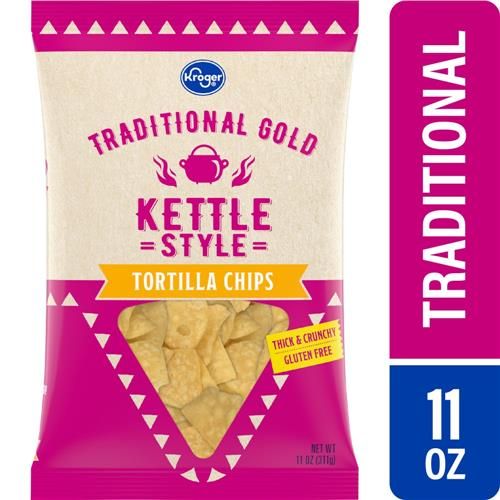 Kroger Traditional Gold Kettle Style Tortilla Chips by ByBies in 11 oz bag, crispy, golden, kettle-cooked snack for snacking or dipping.