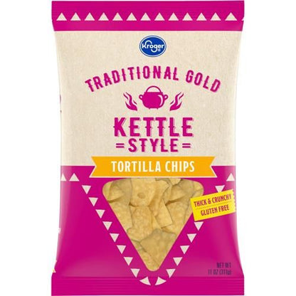 Kroger Traditional Gold Kettle Style Tortilla Chips by ByBies in 11 oz bag, showing the crispy, golden tortilla chips in a sealed bag.