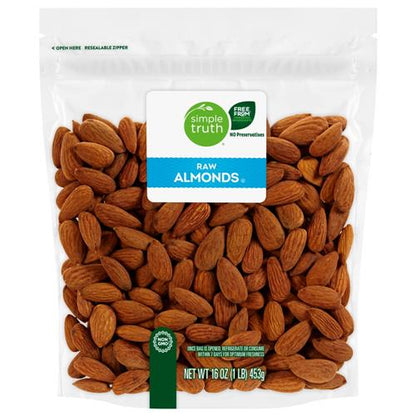 ByBies Simple Truth Raw Almond Nuts in a 16 oz pack, showcasing whole, natural almonds in their raw form.