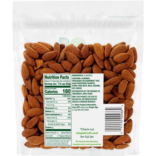 ByBies Simple Truth Raw Almond Nuts in a 16 oz pack, featuring natural, whole almonds for snacking or baking.