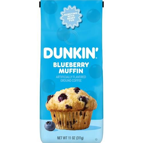 ByBies Dunkin Blueberry Muffin flavored ground coffee in an 11-ounce package, showcasing the coffee grounds and packaging.