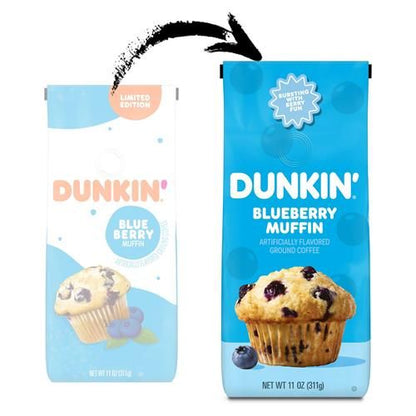 ByBies Dunkin Blueberry Muffin flavored ground coffee in an 11-ounce bag, showcasing the coffee grounds with blueberry muffin flavor hints.