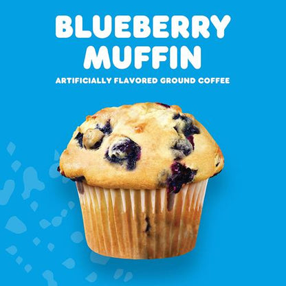 ByBies Dunkin Blueberry Muffin flavored ground coffee in an 11-ounce bag, showcasing the coffee grounds and packaging.