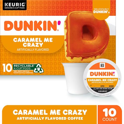 ByBies Dunkin’ Caramel Me Crazy flavored coffee Keurig K-Cup pods, rich caramel aroma in a pack of 10.