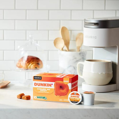 ByBies Dunkin’ Caramel Me Crazy flavored coffee Keurig K-Cup pods, rich caramel aroma, perfect for quick brewing.