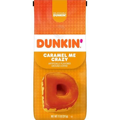 Ground coffee by ByBies, Dunkin Caramel Me Crazy flavored coffee in an 11-ounce pack, featuring caramel flavor and branding on the packaging.