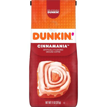 ByBies Dunkin Cinnamania flavored ground coffee in an 11-ounce pack, showing the coffee grounds and packaging.