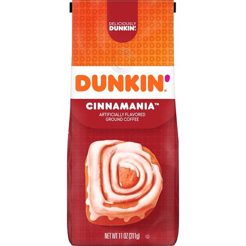 ByBies Dunkin Cinnamania flavored ground coffee in an 11-ounce pack, showing the coffee grounds and packaging.