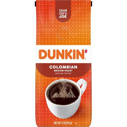 ByBies Dunkin Colombian Medium Roast Ground Coffee in 11-ounce bag, showcasing the coffee packaging and label.