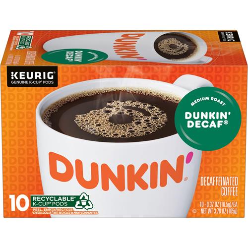 ByBies Dunkin Decaf Medium Roast Coffee Keurig K-Cup pods, 10-pack, suitable for coffee brewers with rich, smooth flavor