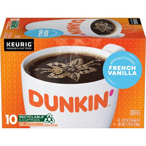 ByBies Dunkin French Vanilla flavored coffee Keurig K-Cup pods, 10-pack, with vanilla scent and rich coffee flavor.