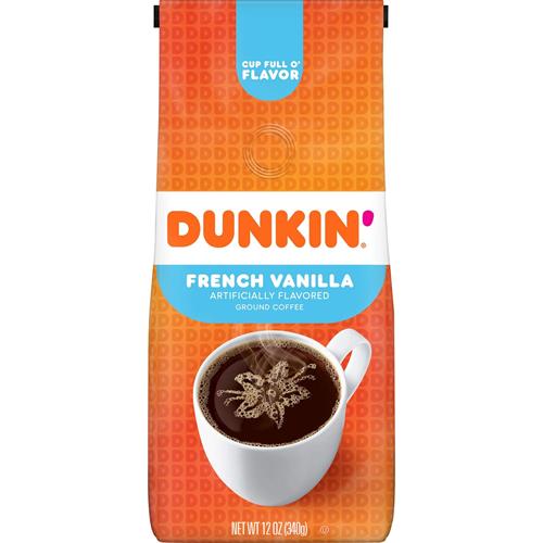 Ground French Vanilla flavored coffee by ByBies, 12-ounce pack, showing the coffee grounds in the packaging.