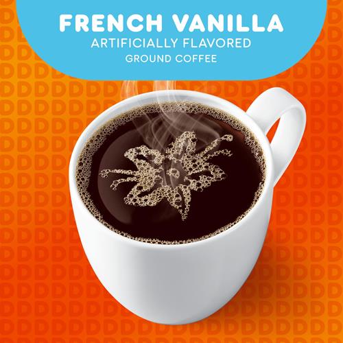 ByBies Dunkin French Vanilla flavored ground coffee in 12-ounce pack, showing the coffee grounds and packaging.