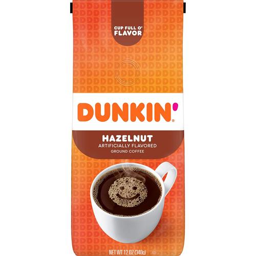 ByBies Dunkin Hazelnut flavored ground coffee in a 12-ounce pack, showing the coffee bag with branding and flavor label.