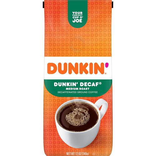 ByBies Dunkin Original Blend medium roast decaf ground coffee in 12-ounce package, with coffee grounds visible in the image.