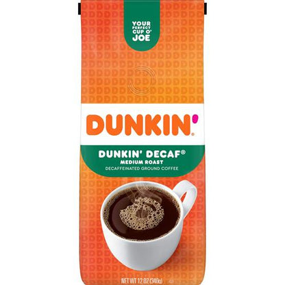 ByBies Dunkin Original Blend medium roast decaf ground coffee in 12-ounce package, with coffee grounds visible in the image.