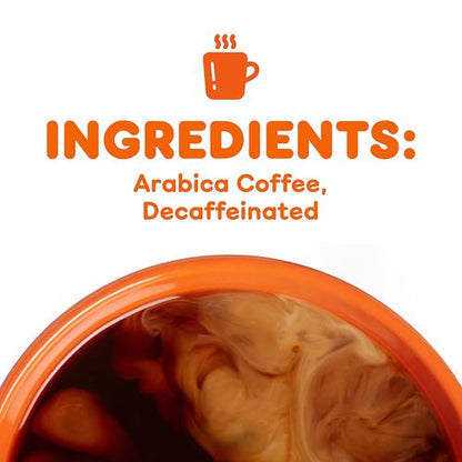 ByBies Dunkin Original Blend medium roast decaf ground coffee in a 12-ounce bag with coffee beans and packaging visible.