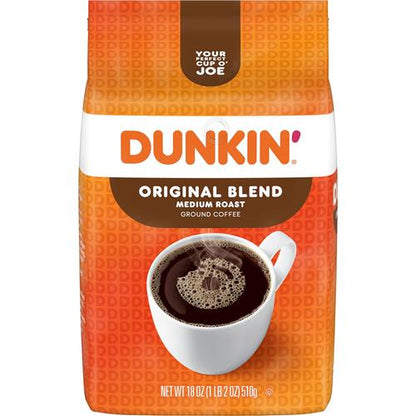 ByBies Dunkin Original Blend Medium Roast Ground Coffee in 18-ounce pack, showcasing the coffee grounds in a clear bag.