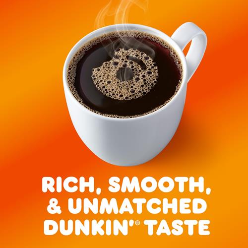 ByBies Dunkin Original Blend medium roast ground coffee in 18-ounce pack, showing the coffee bag with branding and product details.