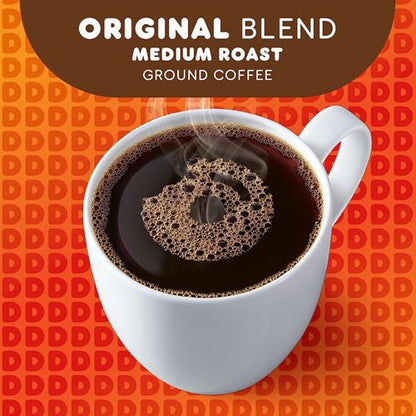ByBies Dunkin Original Blend Medium Roast Ground Coffee in 18-ounce pack, showing the coffee bag with branding and label details.