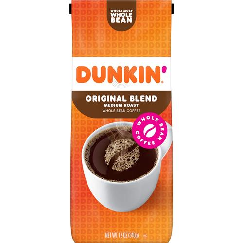 ByBies Dunkin Original Blend medium roast whole bean coffee in a 12-ounce bag with coffee beans and packaging visible.