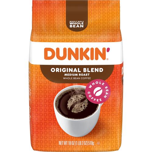 Whole bean Dunkin Original Blend medium roast coffee by ByBies in an 18-ounce bag, showcasing fresh coffee beans.