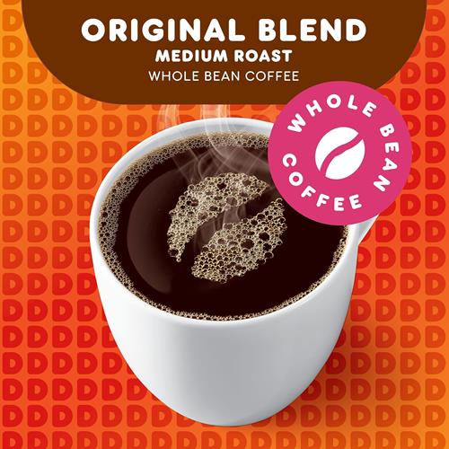 ByBies Dunkin Original Blend medium roast whole bean coffee in an 18-ounce bag, showing the coffee beans and packaging.