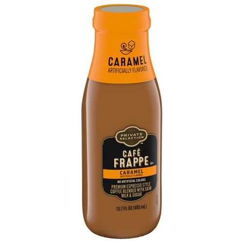 ByBies Private Selection Caramel Cafe Frappe in 13.7 fl oz bottle, featuring creamy caramel coffee flavor and smooth beverage texture.