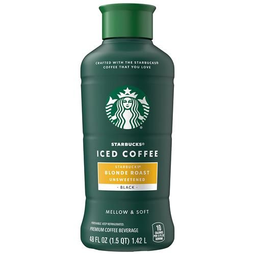 ByBies Starbucks Blonde Roast Iced Coffee in a 48 fl oz black unsweetened bottle, ready to enjoy cold coffee.