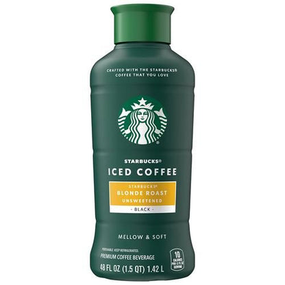 ByBies Starbucks Blonde Roast Iced Coffee in a 48 fl oz black unsweetened bottle, ready to enjoy cold coffee.