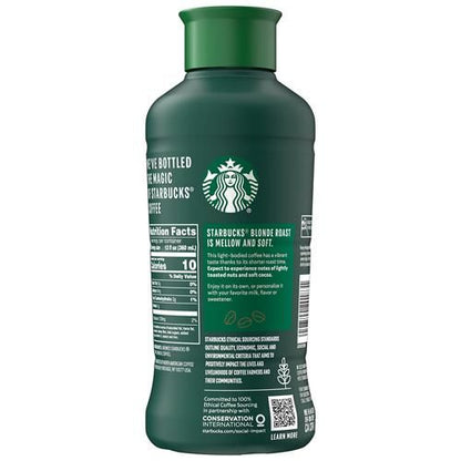 Starbucks Blonde Roast Iced Coffee in a 48 fl oz black unsweetened bottle by ByBies, ready to enjoy cold coffee.