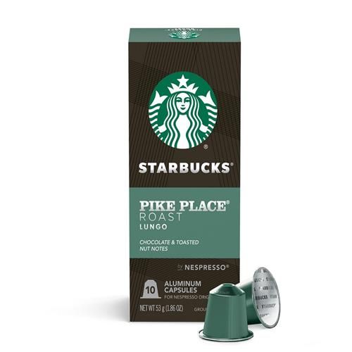 ByBies Starbucks Pike Place Roast coffee capsules for Nespresso Original Line, 10-count pack, featuring dark roasted coffee beans.