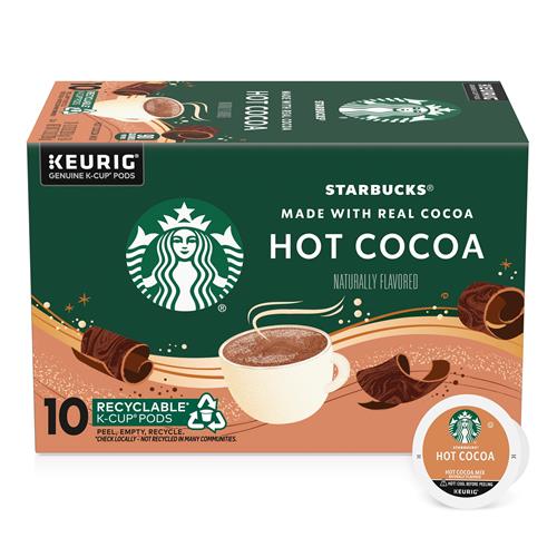ByBies Starbucks Coffee K-Cup Pods for Keurig, naturally flavored hot cocoa, 1 box of 10 pods, coffee product with packaging.