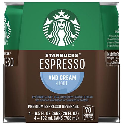 ByBies Starbucks Double Shot Espresso & Cream Light coffee drinks in 6.5 fl oz cans, showing the sleek packaging and branding.