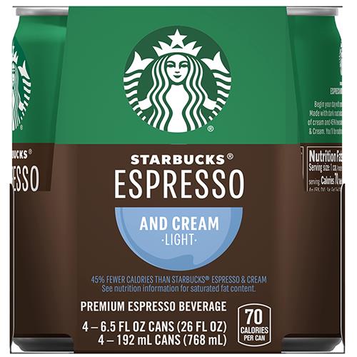 ByBies Starbucks Double Shot Espresso & Cream Light coffee drinks in 6.5 fl oz cans, showing the sleek packaging and branding.