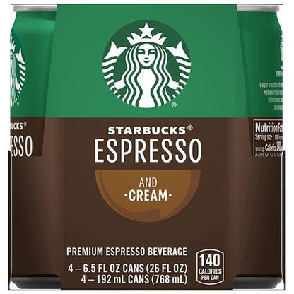 Four 6.5 oz cans of Starbucks Doubleshot Espresso Coffee Beverage by ByBies, showing the sleek aluminum cans with branding.