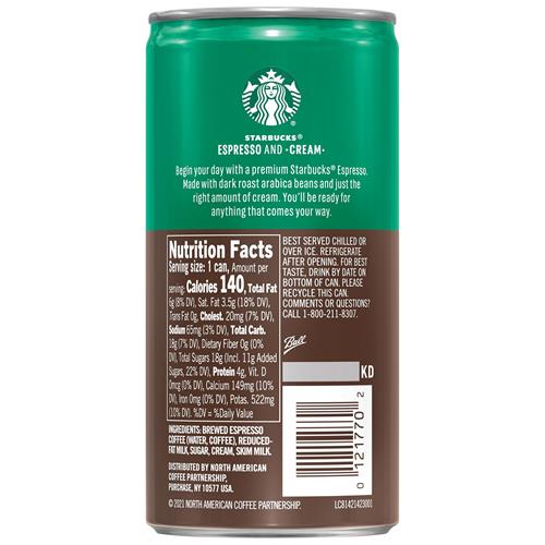 Four 6.5 oz cans of ByBies Starbucks Doubleshot Espresso Coffee Beverage, ready to enjoy cold or on the go.