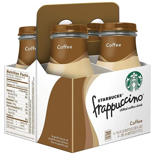 Four 9.5 oz bottles of ByBies Starbucks Frappuccino coffee beverage, cold coffee drinks in clear bottles with labels.