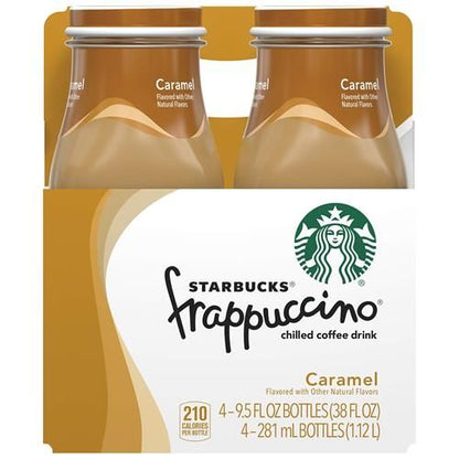 Four 9.5 oz bottles of ByBies Starbucks Frappuccino Coffee Drink in caramel flavor, displayed in a pack.