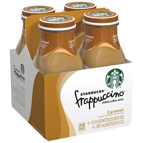 Four 9.5 oz bottles of ByBies Starbucks Caramel Frappuccino coffee drink, chilled and ready to enjoy.