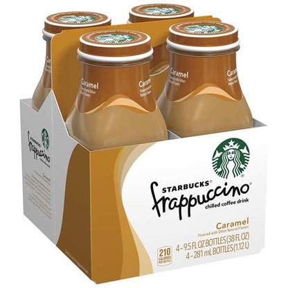 Four 9.5 oz bottles of ByBies Starbucks Caramel Frappuccino coffee drink, chilled and ready to enjoy.