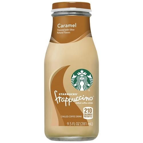 Four 9.5 oz bottles of Starbucks Caramel Frappuccino coffee drink by ByBies, chilled and ready to enjoy.