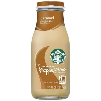 Four 9.5 oz bottles of Starbucks Caramel Frappuccino coffee drink by ByBies, chilled and ready to enjoy.
