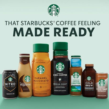 Four 9.5 oz bottles of ByBies Starbucks Frappuccino Caramel Coffee Drink in a pack showing the beverage bottles with caramel flavor.