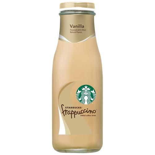 Starbucks Vanilla Frappuccino coffee drink in 13.7 oz bottle by ByBies, chilled beverage with vanilla flavor and branding visible.