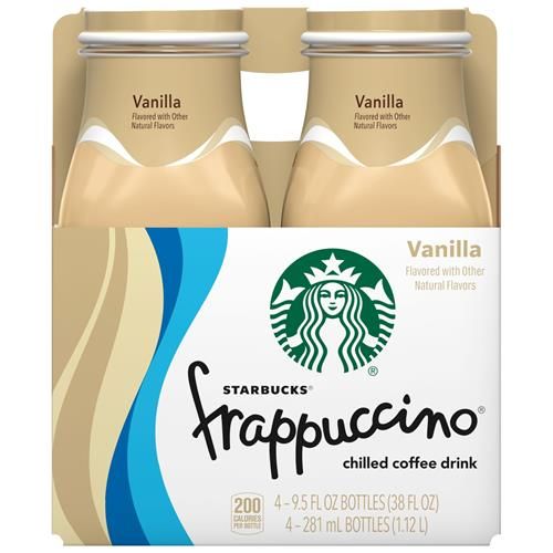 Four 9.5oz bottles of ByBies Starbucks Vanilla Frappuccino iced coffee drink, featuring creamy vanilla flavor in clear bottles.