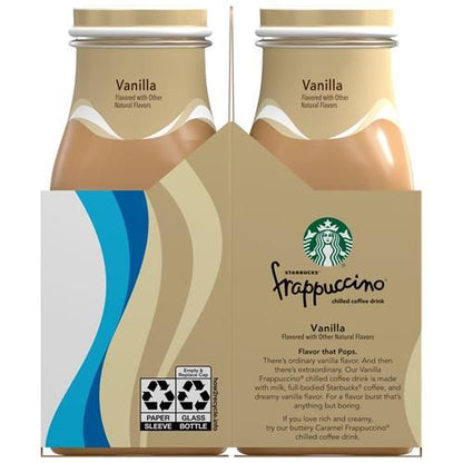Four 9.5oz bottles of ByBies Starbucks Vanilla Frappuccino iced coffee drinks, chilled and ready to enjoy.