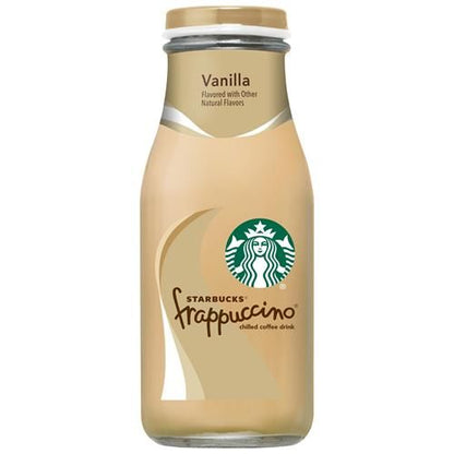 Four 9.5oz bottles of ByBies Starbucks Vanilla Frappuccino iced coffee drink, chilled and ready to enjoy