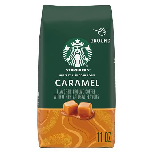 ByBies Starbucks ground coffee bag with caramel-flavored Arabica coffee, 11 oz, showing a package with branding and flavor details.