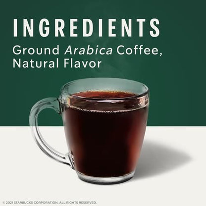ByBies Starbucks ground coffee bag featuring caramel-flavored 100% Arabica coffee, 11 oz package with coffee beans and caramel accents.